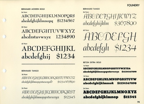 This mixed type specimen shows Berhard Modern, Bernhard Tango, and Beton. #type #specimen #typography