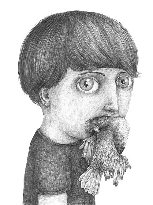Illustration by Stefan Zsaitsits #bizarre #white #boy #black #bird #illustration #strange #and #mouth