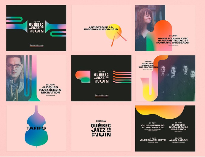 Festival Québec Jazz en Juin - Mindsparkle Mag MamboMambo designed the identity for Jazz en Juin – a new music festival located in Québec city. Its long name was the starting point for the typographic concept. #logo #packaging #identity #branding #design #color #photography #graphic #design #gallery #blog #project #mindsparkle #mag #beautiful #portfolio #designer