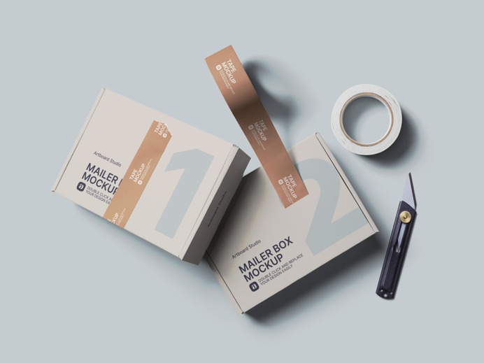 Customize the mailer box package mockup item. Place your own design to the mailer boxes and tape mockup items. Move items around or change the background color. Create your own mailer box packaging mockup scene. #mailer #box #package #mockup #print #branding #logo #cargo #delivery