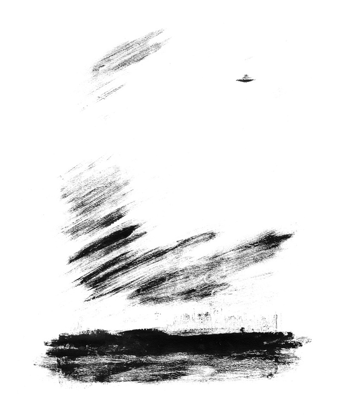 Monotype - I saw an UFO, David Rosel #illustration #UFO #b&w