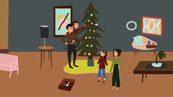 60s Christmas tree family illustration / For Smart Home, church design | By Brittany Byrne | retro, mid-century