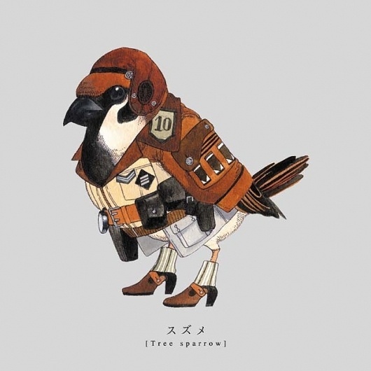 Illustrations of Songbirds Wearing Military Uniforms #japanese #bird #military #illustration #brown #torigun #uniform #sato