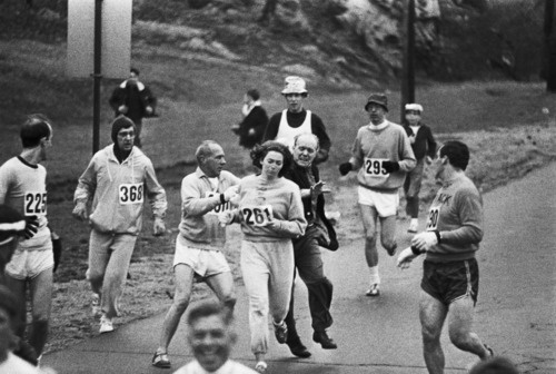 In 1967, Kathrine Switzer was the first woman to run the Boston marathon; http://off-the-wall-b.tumblr.com #run #white #woman #boston #black #and #marathon #lady