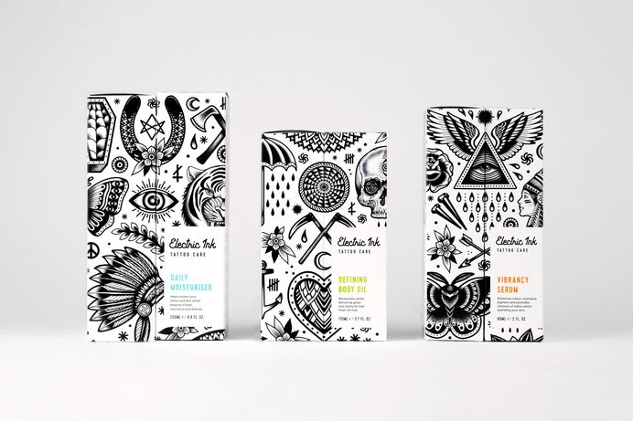 Branding and packaging design for tattoo care range Electric Ink by Leeds-based design studio Robot Food.