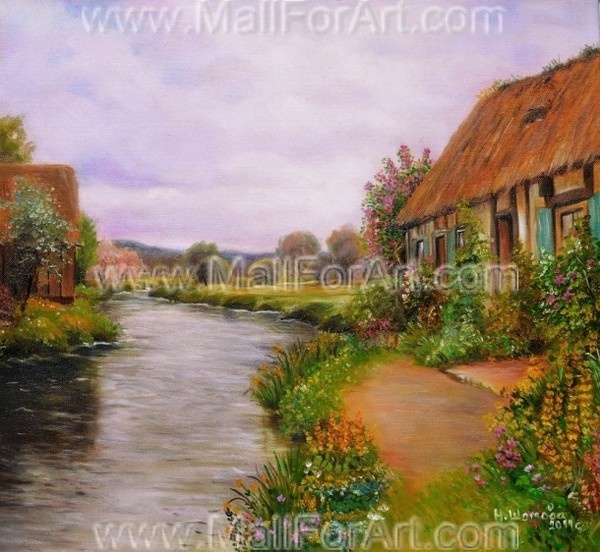 House by the river painting landscape for kitchen #decor #kitchen #for #art #paintings