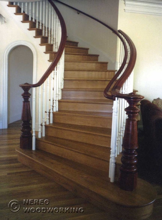 Grand Victorian style staircase with wooden hand rails finished with scrolls, wooden treads and white painted banisters #victorian #staircas
