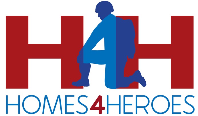 Homes4Heroes Logo Design. A soldier kneeling creates the number 4 between the two capitol H letters