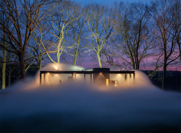 fujiko nakaya wraps the glass house in a veil of dense fog #fog