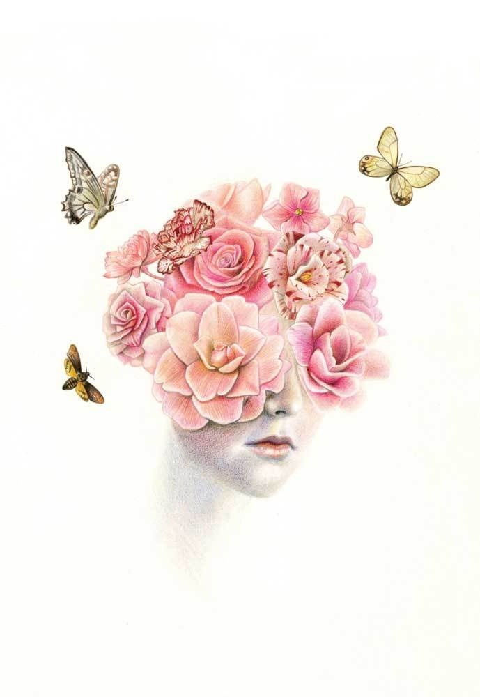 Dan Des Eynon #petals #pink #design #head #butterfly #perfume #illustration #portrait #art #flowers