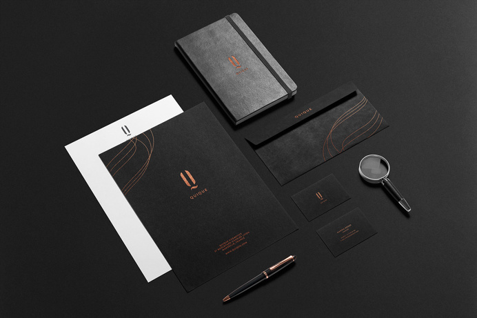 QUIQUE cosmetics copper black dark gold golden logo logotype branding corporate design identity business card print letter letterhead moder