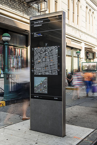 The kiosks present two maps, one of local streets and the other of the area's location in relation to a larger section of the city. #pentagram #wayfinding