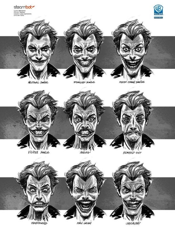 Joker BATMAN: ARKHAM ORIGINS Concept Art: Character, Weapon & Prop Designs #joker #expressions #batman
