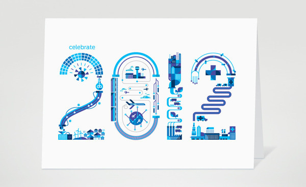 GE 2012 Holiday card highlighting the company's commitment to Energy, Transportation, Manufacturing and Health. #card #print #2012 #health #holiday #energy #transportation #ge