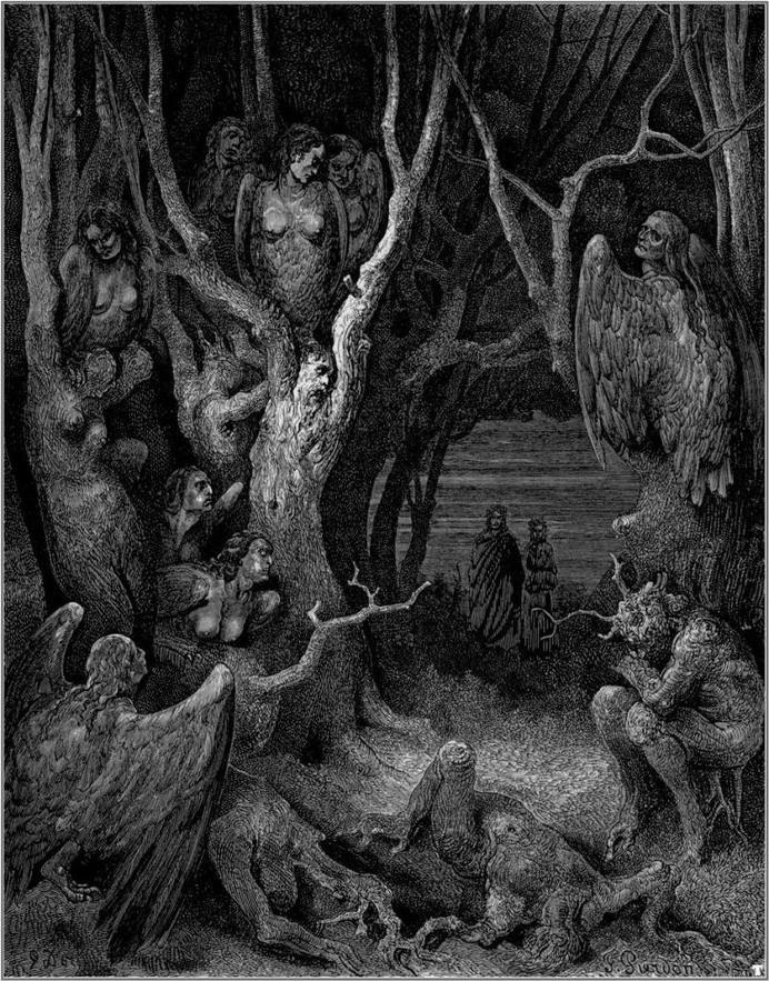 Harpies in the Forest of Suicides - Gustave Dore #folklore #fantasy #white #darkness #macabre #haunting #horror #mythology #black #monsters #illustration #vintage #etching #and #harpies #suicide #spirits #trees