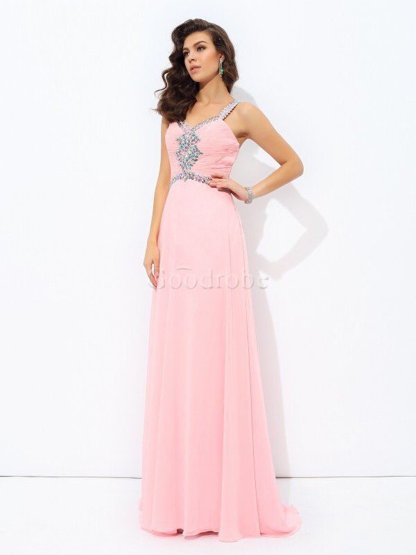Robe de soirée bandouliere spaghetti avec perle grandes bretelles a-ligne en chiffon
