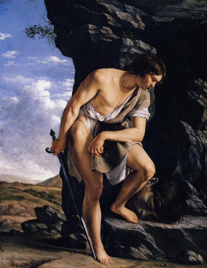 Orazio Gentileschi (Italian, Pisa 1563–1639 London), David Contemplating the Head of Goliath, circa 1610,  oil on copper, 36.7 × 28.7 cm   .   Gemäldegalerie der Staatlichen Museen zu Berlin  