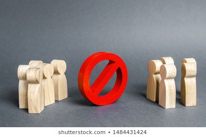 Two groups of people are divided by a red prohibition sign NO. prohibition, taboo, and rejection. Conservatism, misunderstanding new. Laws Restrictions of rights and freedoms. Civil conflict.