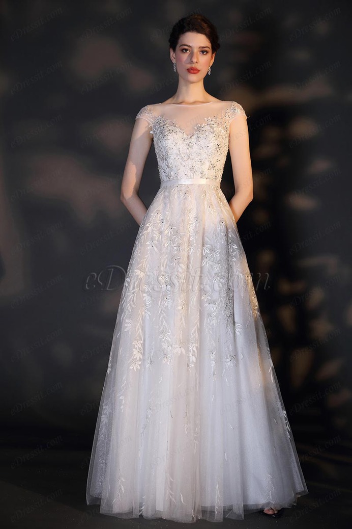 eDressit White Cap Sleeveless Lace Applique Wedding Dress (01204307)