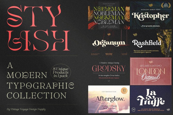 Stylish – A Modern Typographic Collection. 8 trendy typefaces with 31 fonts! Best graphic design bundles on dealjumbo.com - #font #bundle #typography #typedesign #modern