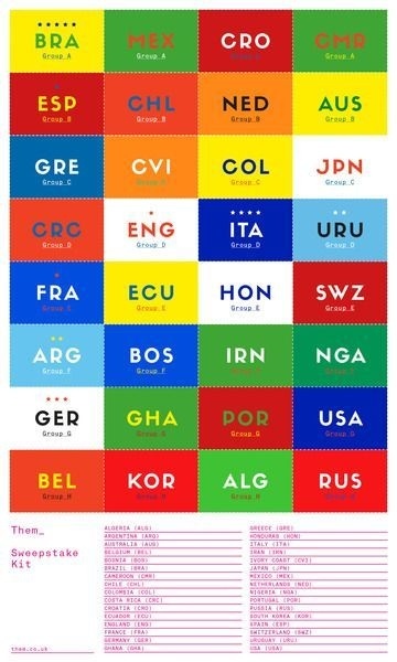 Download your 'World Cup 2014' Sweepstake Kit in the link below: http://www.them.co.uk/content/33827/sweepstake/sweepstake_kit_ … #them #sweepstakes #money #world #colours #country #2014 #football #kit #games #cup