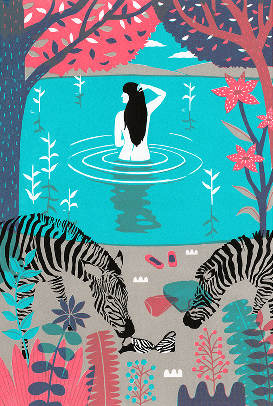 tumblr_mrudh92cxX1rymh72o1_1280 #lake #illustration #zebra #woman