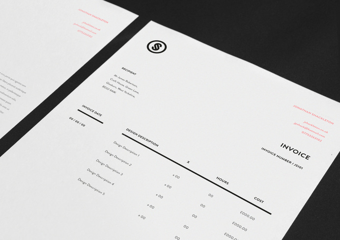 Jonathan Shackleton Â Â | Â Â http://jshackleton.co.uk "Personal identity and self promotion consisting of a simple, structured logo and v #invoice #branding #business #print #identity #collateral #logo #paper