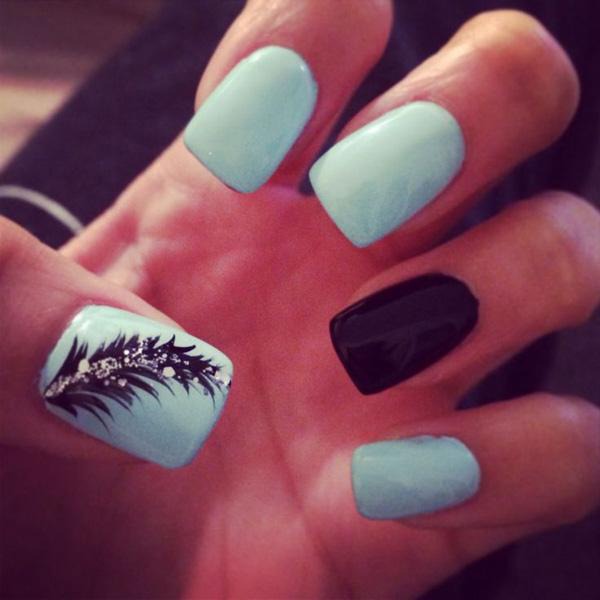 
Lightskyblue, black nails with a piece of feather