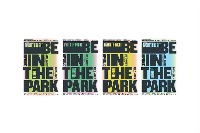 Posters, signage, website, t-shirts, tote bags and newspaper advertising by Pentagram's Paula Scher for The Public Theatre's Shakespeare in the Park 2018