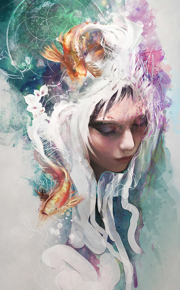 Streams – Giclee Canvas Print – female, nature, koi fish, flower of life