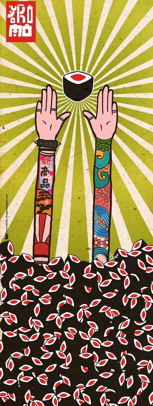 Sticky Design: Illustration Yokomo Sushi doors. #hands #vibrant #sashimi #food #sushi #illustration #arms #nigiri #poster #love #colour #japan