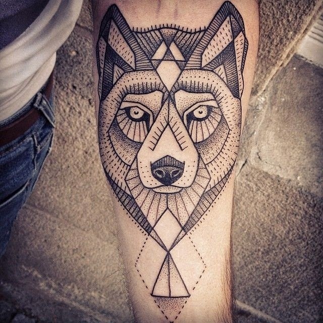Wolf head vertical geometric tattoo ink Royalty Free Vector
