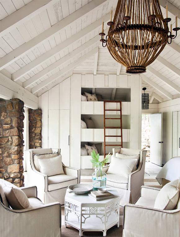 triple bunk beds nestled in the wall of a lakeside family getaway #interior #design #decor #deco #decoration