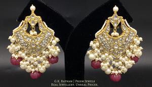 23k Gold and Diamond Polki Chand Bali Earring Pair with Ruby-red carved melons - gold diamond polki kundan meena jadau jewellery