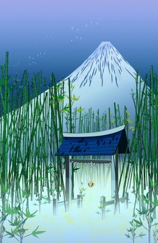 "A moonless night" #Japan #temple #Fuji #bamboo #illustration #kids #art #cat #fireflies #decor