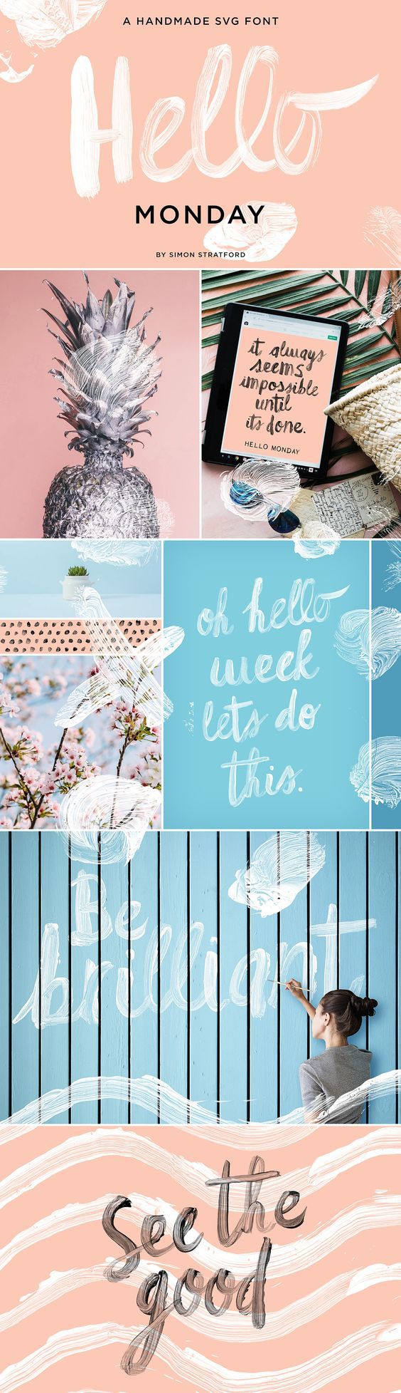 Hello Monday brush script font handmade with real paint. It is a proper Handwriting font with expressive brush marks. It has an energy about it and a kind of urban street style that if used sparingly is hard to ignore. I think it would be excellent for posters, book covers, invites, cards or anything where you want that street style look.
