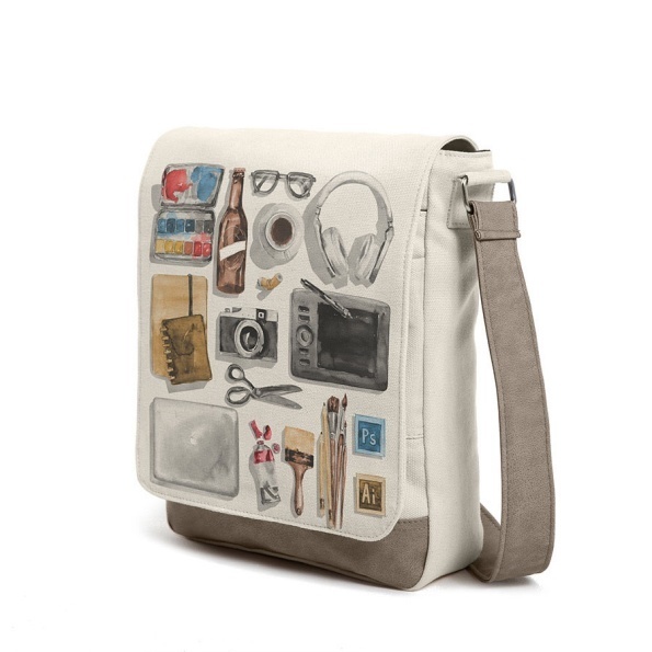 #designerism #beige #bag #messenger #shoulderbag #beerbottle #graphictablet #coffee #headphone #camera #watercolor