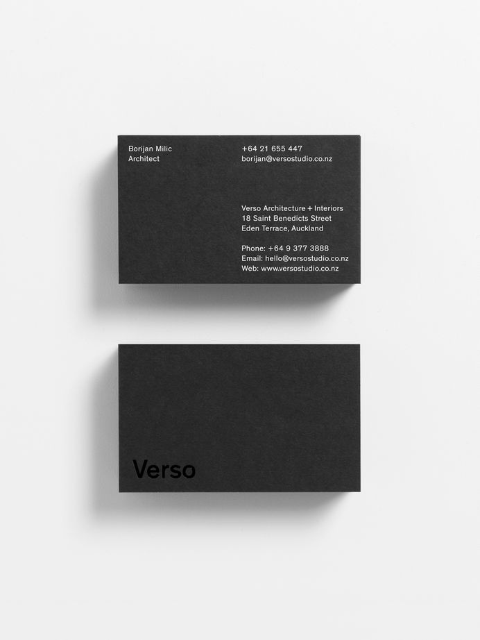 Branding and business cards with black board and white foil detail by Studio South for Auckland-based architecture and interior business Verso