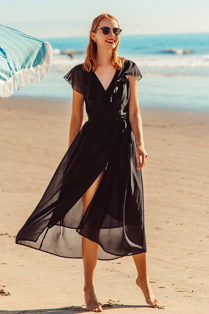 Elegant Black V-neck Midi Dress - Browse Ideas | GoodStuffUP