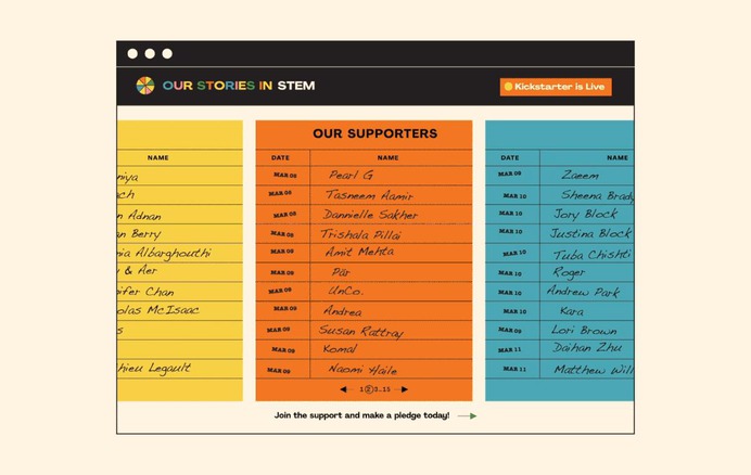 Our Stories in STEM - The interesting layout to showcase the funders of the book on the landing page