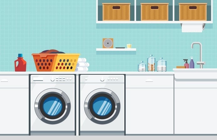 Laundry Room – Nathan Manire #flat #interior #soundfreaq #modern #basket #design #color #icons #geometric #home #simple #theme #illustration #laundry #decor #series #glass #reflection #room #decoration