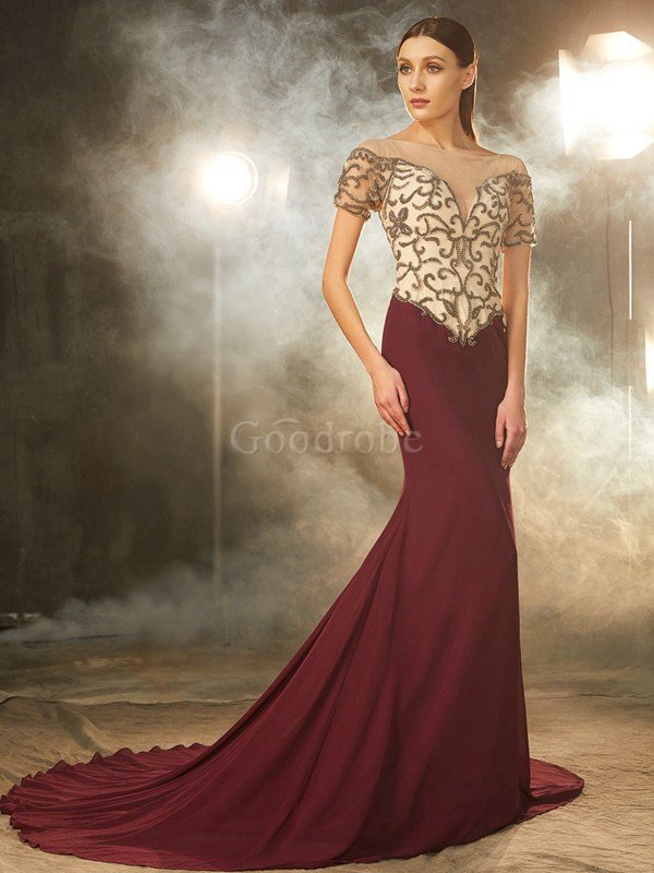 Robe de soirée naturel de traîne moyenne avec perle avec manche courte avec chiffon