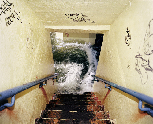 8d6260fee420eb69 steps.jpg #ocean #red #water #surf #seafoam #graffiti #yellow #foam #rust #stairs #blue #dirt