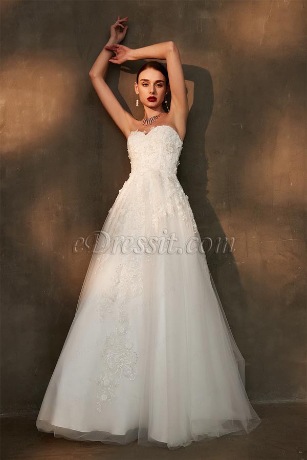 eDressit Strapless Beaded Lace Embroidery Wedding Gown (01200507)