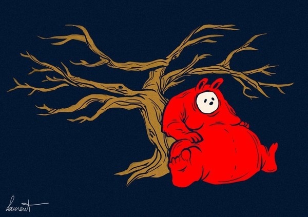 Illustration d'un lapin obése rouge assis contre un arbre #rabbit #red #tree