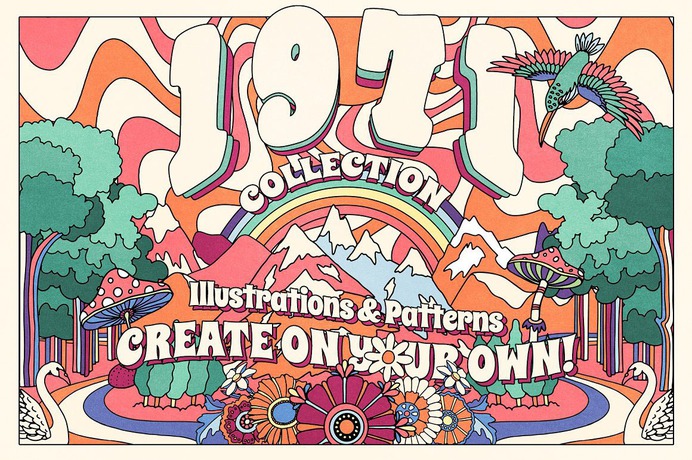 70's style graphic elements & illustrations. 170 graphic objects, 41 seamless patterns, 3 pre-made PSD posters, 16 ready-to-use compositions! Best graphic design bundles on dealjumbo.com - #graphics #bundle #retro #vector #illustrations