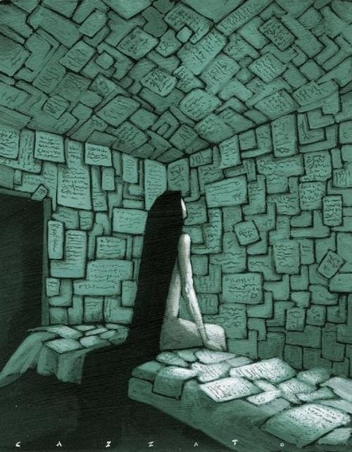 (via Art et Cancrelats: Marco Cazzato) #girl #writing #hair #illustration #thought #walls #swords #paper #room