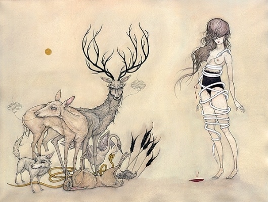 The Summer-Land on the Behance Network #ink #girl #stag #illustration #animals #watercolor #gouache