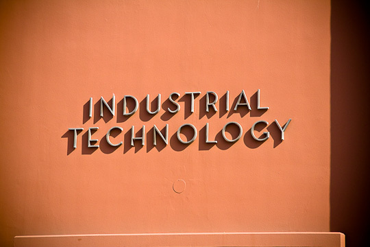 Neutraface style lettering on the SCROC Industrial Technology building #lettering #letters #raised #neutraface #signage #metal