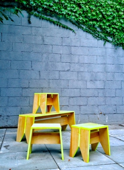 Stack Stools with Stack Bench by Kahokia Design, Brooklyn, NY. #ny #new #bench #stool #wood #paint #furniture #kahokia #stools #york #nyc #plywood #seating #brooklyn #neon